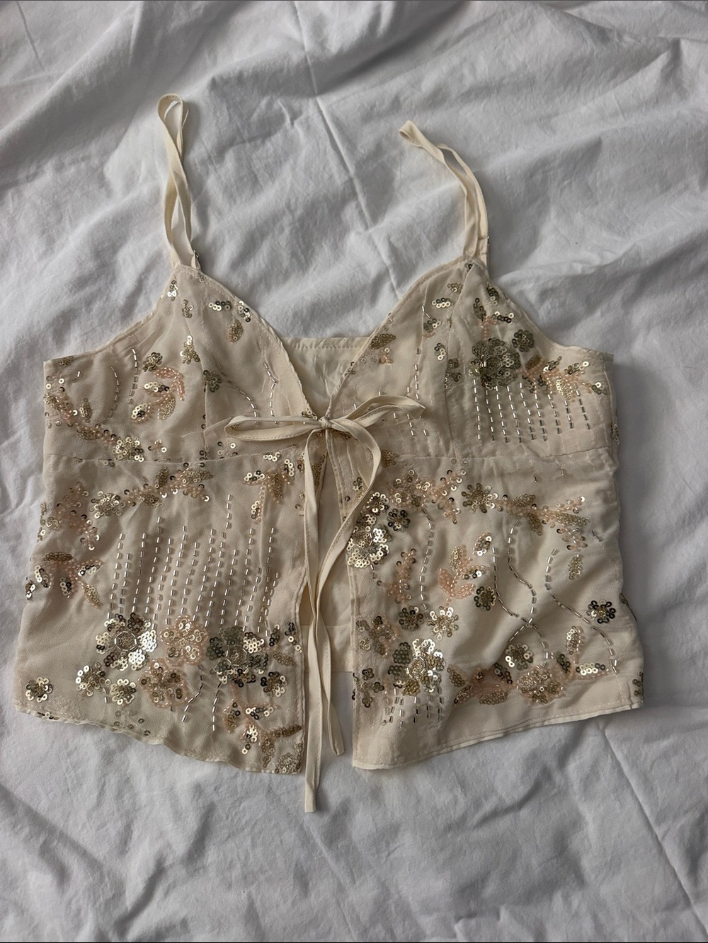 SHEIN Sequin Embellished Cream Tie-Front Cami Top